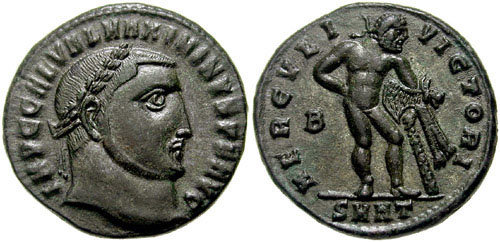 Follis med Maximinus Daias porträtt och Hercules på frånsidan.