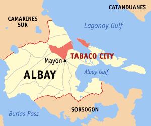 Map of Albay showing the location of Tabaco City.