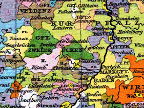 Округа Цвейбрюккен-Цвейбрюккен (темно-зеленый) и Цвейбрюккен-Битш (светло-розовый) около 1400 г.