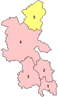 Okresy: 1 – South Bucks; 2 – Chiltern; 3 – Wycombe; 4 – Aylesbury Vale; 5 – Milton Keynes