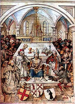 Bildo pri la inaŭgura ceremonio en la Universitato de Bazelo, en 1460, kie Vilhelmo Kopo studis.