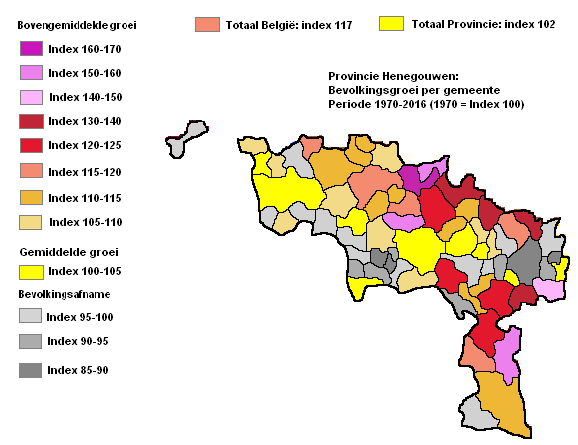 Provincie Henegouwen: Bevolkingsgroei periode 1970-2016 per gemeente (1970=index 100)