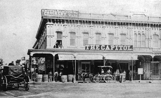 South end of the Downey Block, at the NW corner of Temple/Main, 1880s