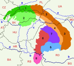 Carte de localisation des Carpates serbes (en rose) dans les Carpates.