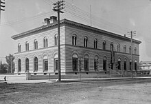 The Denver Mint building in black and white.