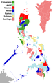 Provinces where Marcos won at least a plurality are in red; provinces where Marcos' ally Danding Cojuangco won at least a plurality are in dark green.