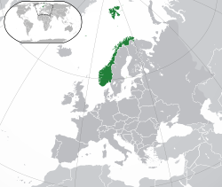 Location of  Norway  (dark green) on the European continent  (dark grey)  —  [Legend]