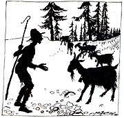 Illustration de la fable d’Ésope La chèvre et le chevrier, 1912.