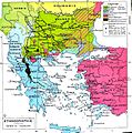 Petha étnografis Prancisé Balkan Peninsula, 1898. Wewengkon kang nyaturaké basa Albania awarna biru enom.