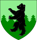 A coat of arms showing a black bear on a green field.