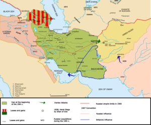 Карта Ирана при династии Каджаров в XIX веке. Отмеченная штрихами область — территории, отошедшие России согласно Гюлистанскому (1813) и Туркманчайскому (1828) договорам.