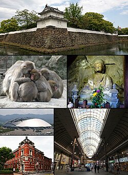 Frae tap left: Funai Castle, Monkeys in Munt Takasaki, Motomachi Stone Buddhas, Oita Stadium, Auld Oita Bank, Shoppin street in central Oita