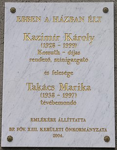 Kazimir Károly és Takács Marika emléktáblája