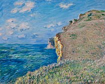 Landscape painting depicting the cliffs of Normandy by Claude Monet