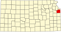 Harta statului Kansas indicând comitatul Johnson