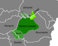 Carte où apparaissent la Transylvanie (vert foncé), le Banat et la Marmatie (vert clair) et la Bucovine (vert fluo).