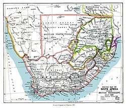 نقشه‌ای از سال ۱۸۸۵ میلادی که تحت‌الحمایگی بچوانلند را پیش از ایجاد مستعمرهٔ سلطنتی بچوانلند بریتانیا و قرارداد هلیگولند-زنگبار نشان می‌دهد.