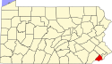 Harta statului Pennsylvania indicând comitatul Delaware