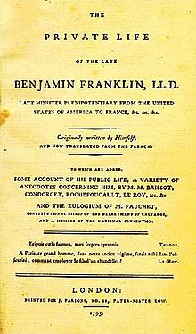 Coberta de la primera edició en anglès de l'autobiografia del polímata estatunidenc Benjamin Franklin del 1793.