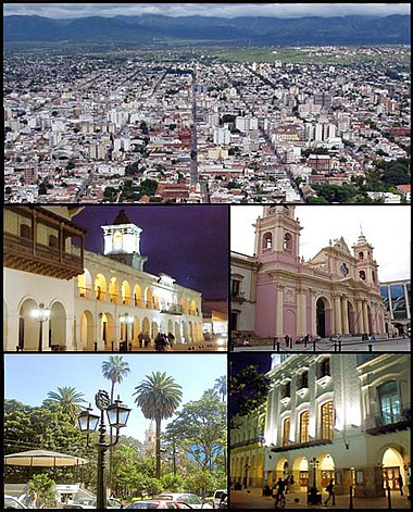 (Từ trên xuống dưới; từ trái sang phải) Cảnh thành phố nhìn từ đỉnh đồi San Bernardo; Colonial Cabildo; Nhà thờ Salta; Ninth of July Plaza và nhà hát Victoria.