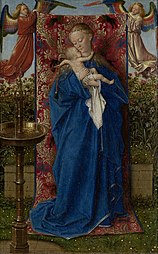 Madonna la fântână de Jan van Eyck, 1439. Alegerea robei albastre a lui Van Eyck poate fi privită ca dovadă a influenței italiene.[60]