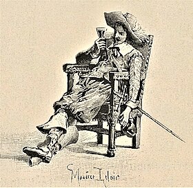 Athos et la dive bouteille. Gravure de Jules Huyot d'après un dessin de Maurice Leloir ornant une édition illustrée des Trois Mousquetaires, 1894.