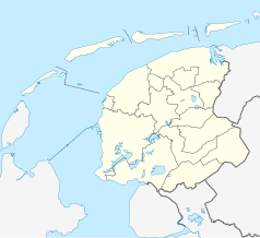 Mapa konturowa Fryzji, blisko centrum na lewo znajduje się punkt z opisem „Harlingen”