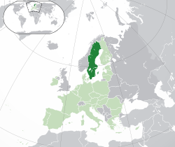 瑞典的位置（深綠色） – 歐洲（綠色及深灰色） – 歐洲聯盟（綠色）  —  [圖例放大]