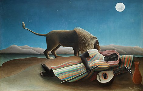 Günümüzde Museum of Modern Art'ta sergilenen, Henri Rousseau'nun 1897 tarihli Uyuyan Çingene adlı yağlı boya tablosu (Üreten:Henri Rousseau)