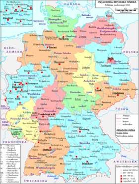Mapa Němskeje ze zarysowanymi hranicami krajow