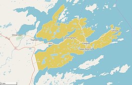 Kaart van het schiereiland Eastport (goudkleurig). Traytown ligt net ten westen ervan.