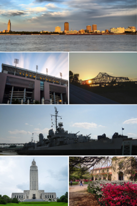 From top, left to right: Downtown, Tiger Stadium, Horace Wilkinson Bridge, USS Kidd, Louisiana State Capitol, Foster Hall of LSU