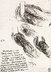 Textes manuscrits. Dessins au crayon représentant divers remous nés de l'implantation de divers obstacles dans un cours d'eau.