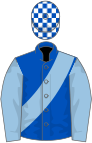 Royal blue, light blue sash and sleeves, royal blue and white check cap