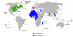 Mapa del primer (verde) y segundo (azul) imperio colonial francés.