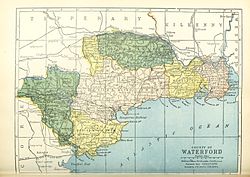 Barony map of County Waterford, 1900; Decies-within-Drum is coloured yellow, in the southwest.