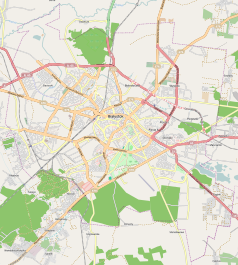 Mapa konturowa Białegostoku, w centrum znajduje się punkt z opisem „Uniwersytet Medycznyw Białymstoku”