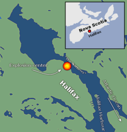 Mapa Halifaxského přístavu s místem exploze.