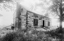 Photographie d'une cabane en rondins entourée d'herbes hautes