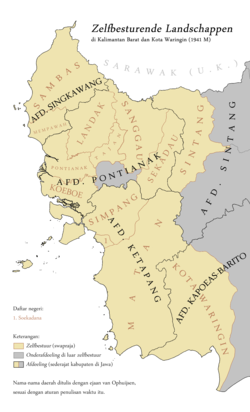 Wilayah Zelfbestuur (Swapraja) di Kalimantan Barat dan Tengah, termasuk Kesultanan Pontianak, pada tahun 1941.