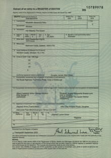 Queen Elizabeth Death Certificate