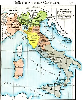 Italië in 1815 met het koninkrijk Sardinië in roze