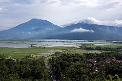 A view of Mount Merbabu, Telomoyo and Lake Rawapening from Ambarawa.