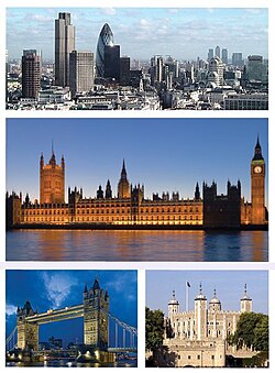 Top: City of London skyline, Middle: Houses of Parliament, Bottom left: Tower Bridge, Bottom right: Tower of London.