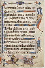 Luttrell psalter, ca. 1325-1335. Steekspel tussen ridders en hybriden