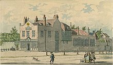 A watercolour of a large, two-storey white building with a sign saying "Bagnigge Wells"