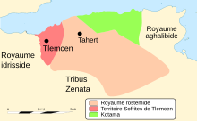 Karten des Gebietes von Algerien in der Zeit 815–915 mit dem Siedlungsgebiet der Kutāma (Kotama, grün)