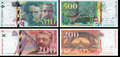 Bancnote de 200 și de 500 de franci noi (avers și revers): Eiffel, 1995, 200franci; Pierre și Marie Curie, 1993, 500 franci