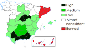 Prevalence of bullfighting across Spanish provinces during the 19th century.