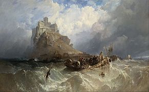 Clarkson Stanfield: St Michael’s Mount (a csatorna nyugati szélénél a cornwalli Penzance kikötőjének öblével szemben áll a 12. századi vár, egykori kolostor, börtön és erőd a francia Mont St. Michel brit megfelelője)[1]